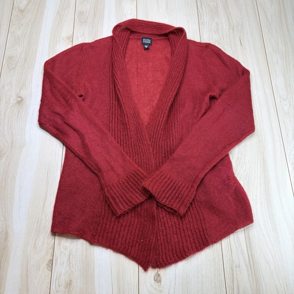 Eileen Fisher Sweater Womens PP Petite Red Cardigan Italian Yarn Mohair Wool